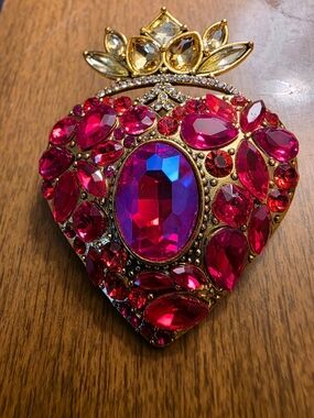 Gold-Tone Heart Brooch with Hot Pink and Red Crystal Accents